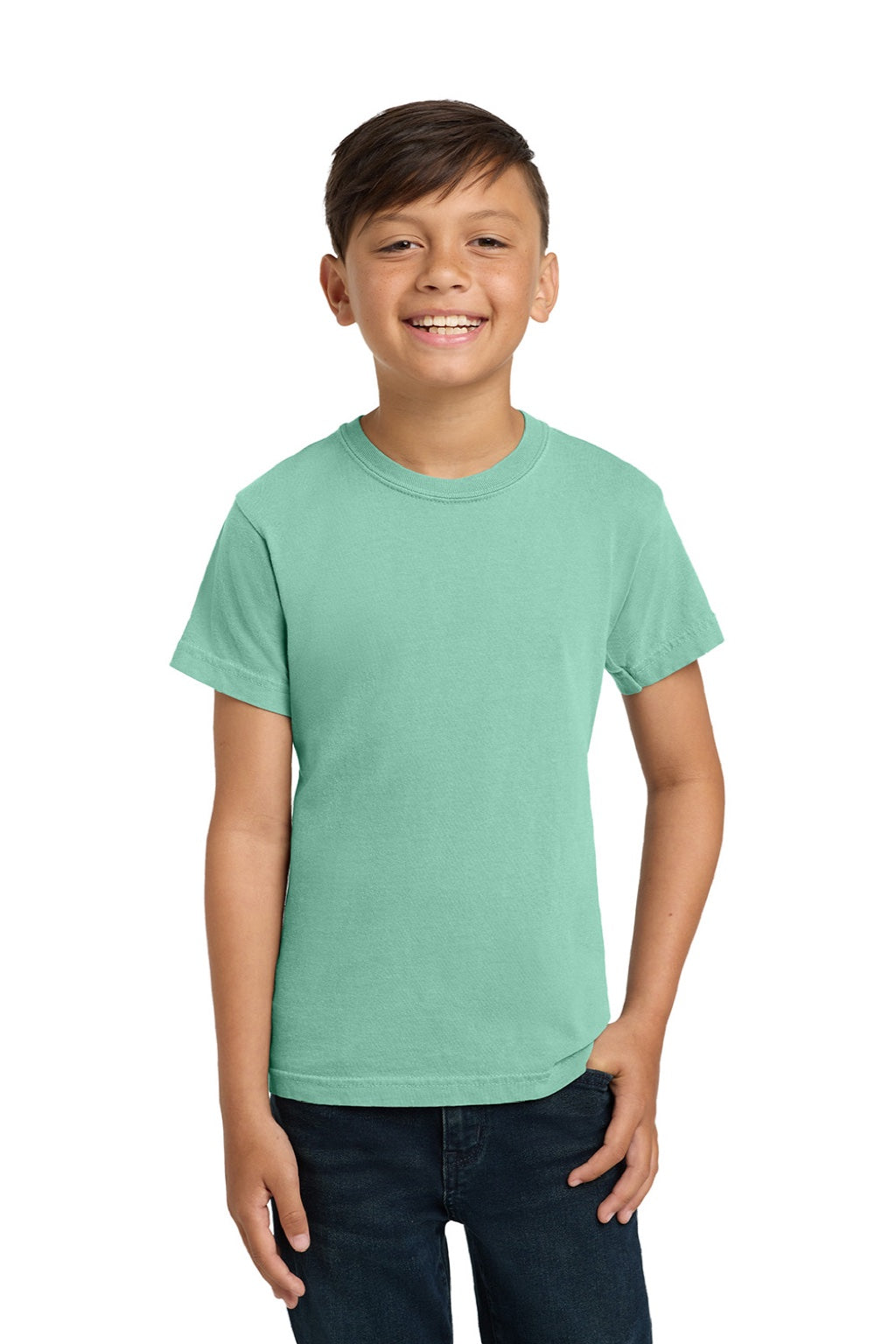Comfort Colors 9018 Youth Short Sleeve Crewneck T-Shirt Chalky Mint Green Model Front