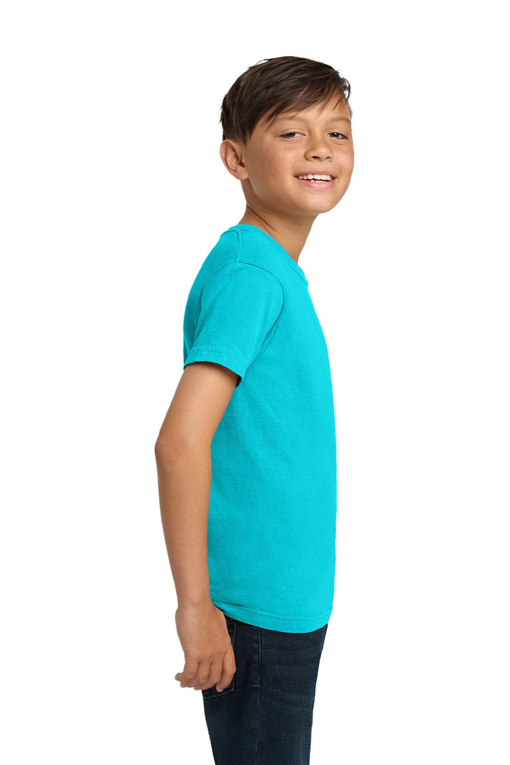 Comfort Colors 9018 Youth Short Sleeve Crewneck T-Shirt Lagoon Blue Model Side