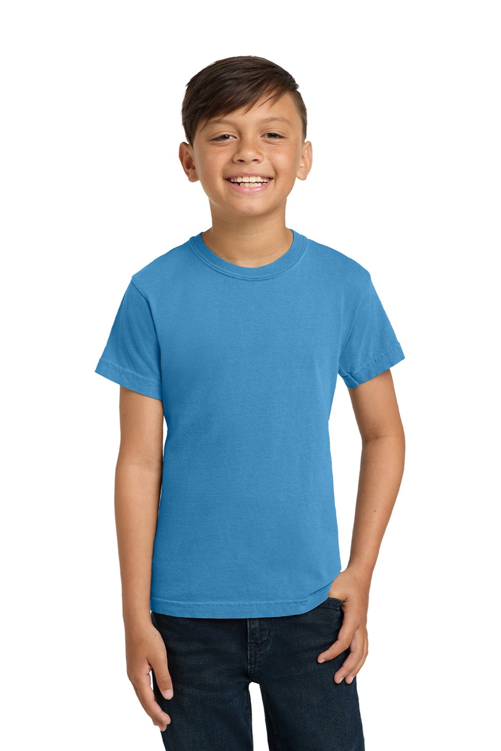 Comfort Colors 9018 Youth Short Sleeve Crewneck T-Shirt Royal Caribe Blue Model Front