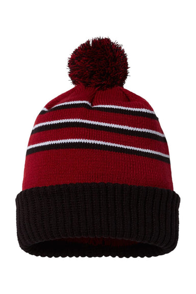 Richardson Hats 134 Unisex Pom Cuffed Beanie Cardinal Red/Black/White Flat Front
