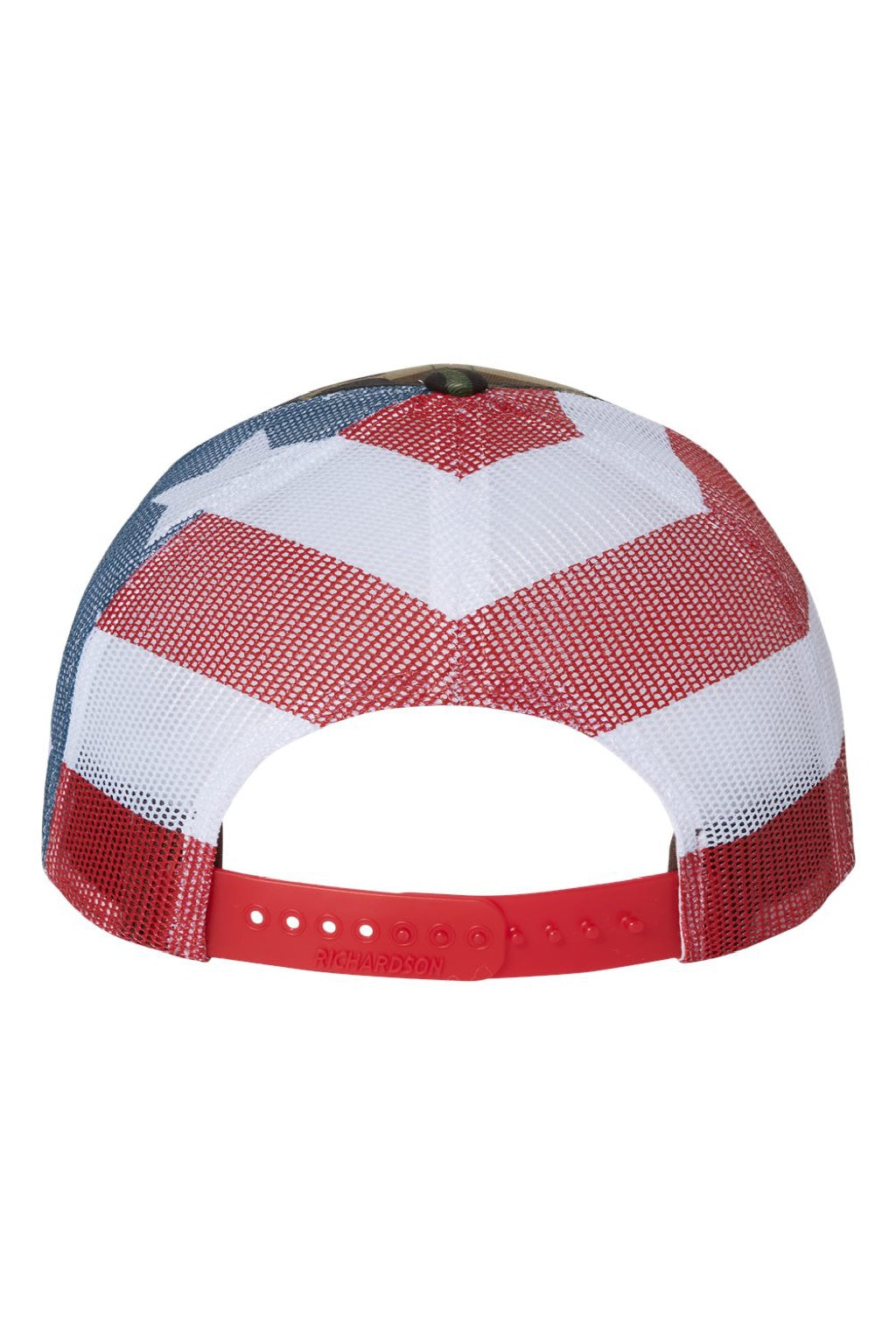 Richardson Hats 112PM Mens Printed Mesh Snapback Trucker Hat Green Camo/Stars & Stripes Flat Back