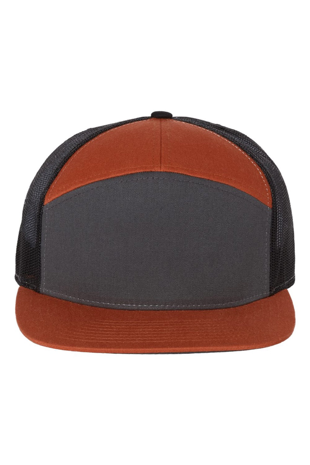 Richardson Hats 168 Mens 7 Panel Snapback Trucker Hat Charcoal Grey/Burnt Orange/Black Flat Front