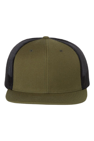 Richardson Hats 511 Mens Wool Blend Flat Bill Snapback Trucker Hat Loden Green/Black Flat Front