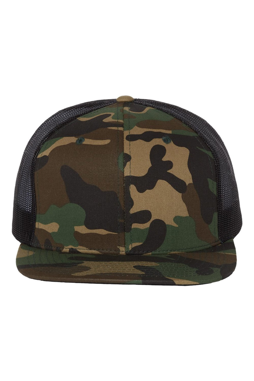 Richardson Hats 511 Mens Wool Blend Flat Bill Snapback Trucker Hat Green Camo/Black Flat Front
