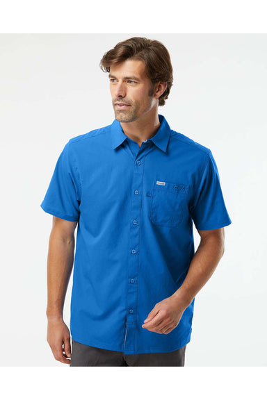 Columbia 157705 Mens Slack Tide Short Sleeve Button Down Camp Shirt Vivid Blue Model Front