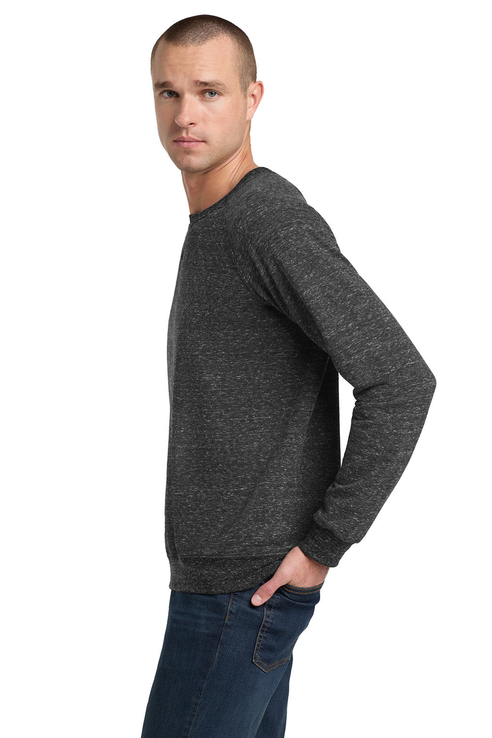 Jerzees 91M/91MR Mens Vintage Snow French Terry Crewneck Sweatshirt Heather Black Model Side