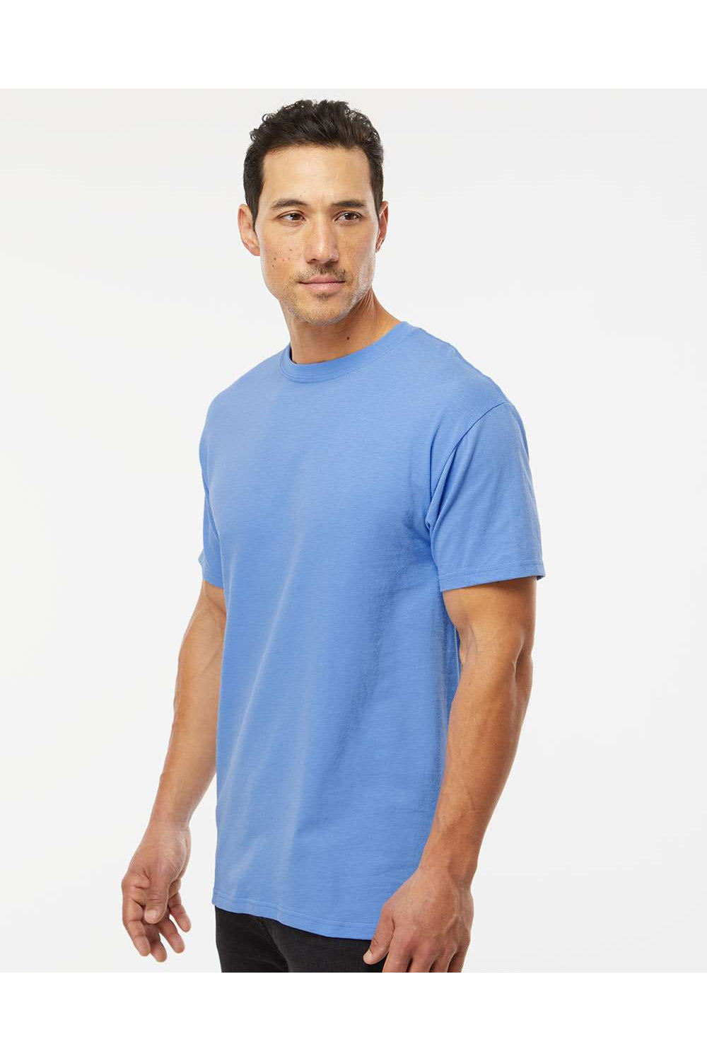 M&O 4800 Mens Gold Soft Touch Short Sleeve Crewneck T-Shirt Carolina Blue Model Side