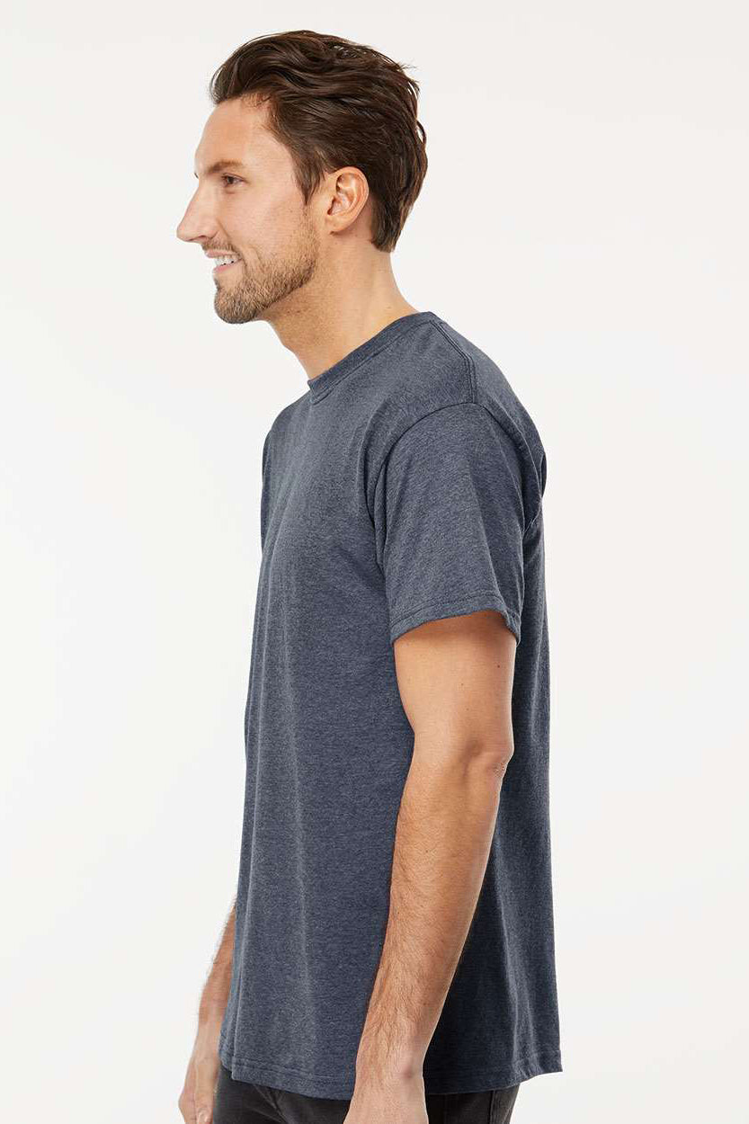 M&O 4800 Mens Gold Soft Touch Short Sleeve Crewneck T-Shirt Heather Navy Blue Model Side