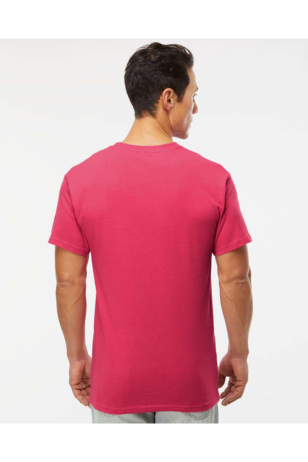 M&O 4800 Mens Gold Soft Touch Short Sleeve Crewneck T-Shirt Heliconia Pink Model Back