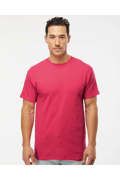 M&O 4800 Mens Gold Soft Touch Short Sleeve Crewneck T-Shirt Heliconia Pink Model Front