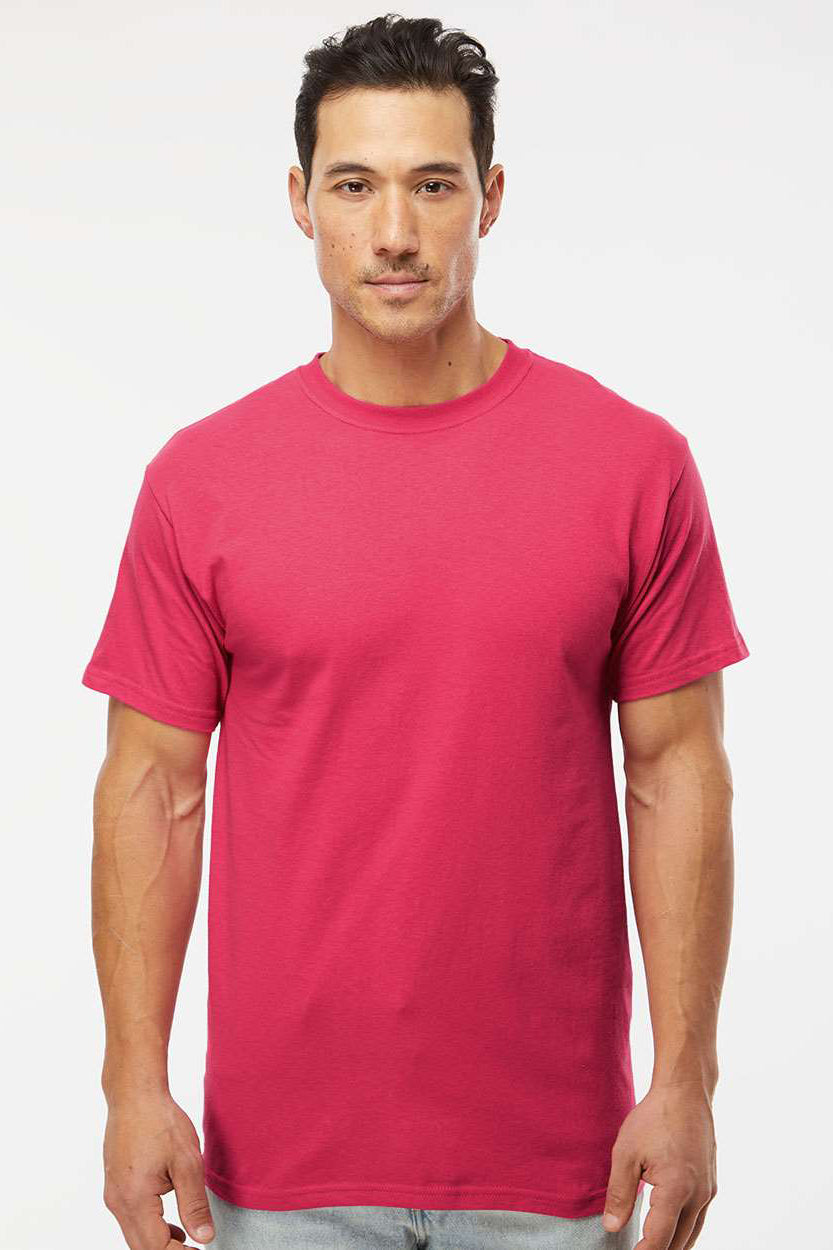 M&O 4800 Mens Gold Soft Touch Short Sleeve Crewneck T-Shirt Heliconia Pink Model Front