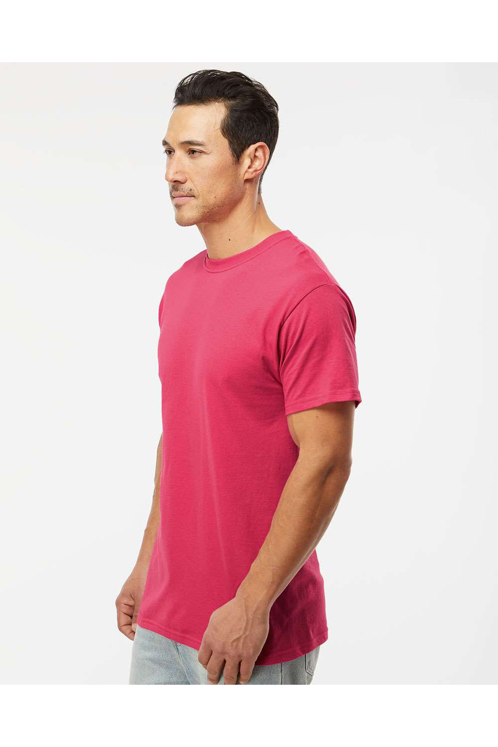 M&O 4800 Mens Gold Soft Touch Short Sleeve Crewneck T-Shirt Heliconia Pink Model Side