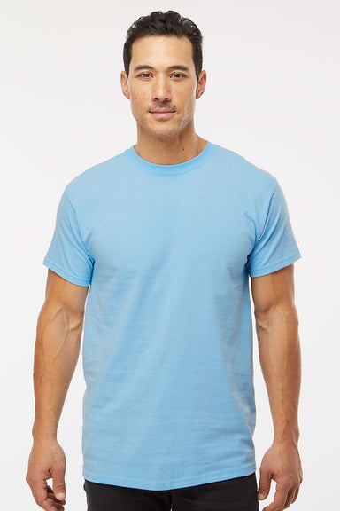 M&O 4800 Mens Gold Soft Touch Short Sleeve Crewneck T-Shirt Light Blue Model Front