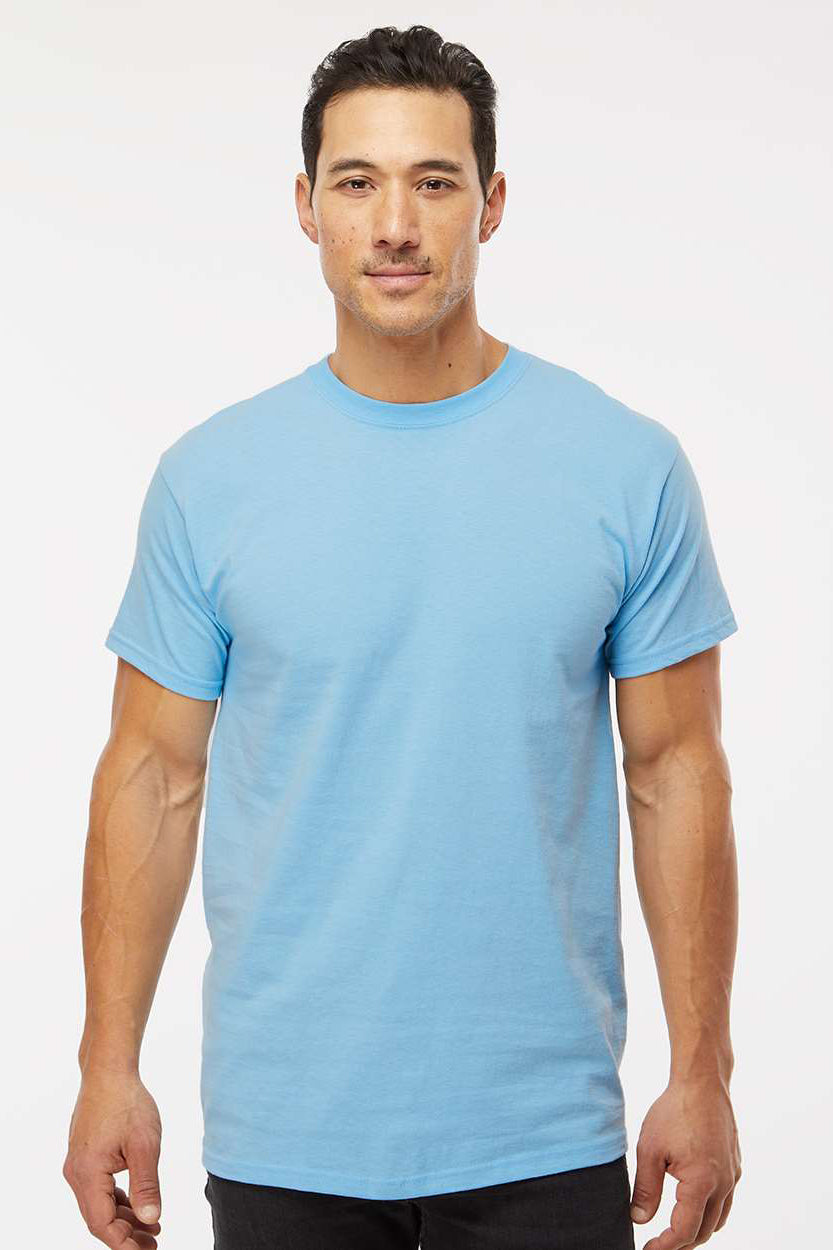 M&O 4800 Mens Gold Soft Touch Short Sleeve Crewneck T-Shirt Light Blue Model Front
