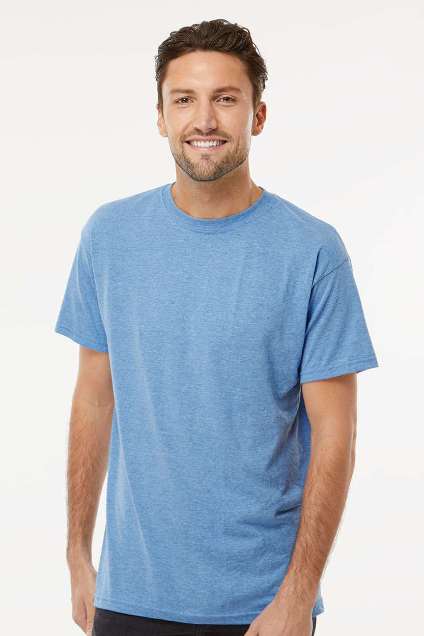 M&O 4800 Mens Gold Soft Touch Short Sleeve Crewneck T-Shirt Heather Light Blue Model Front