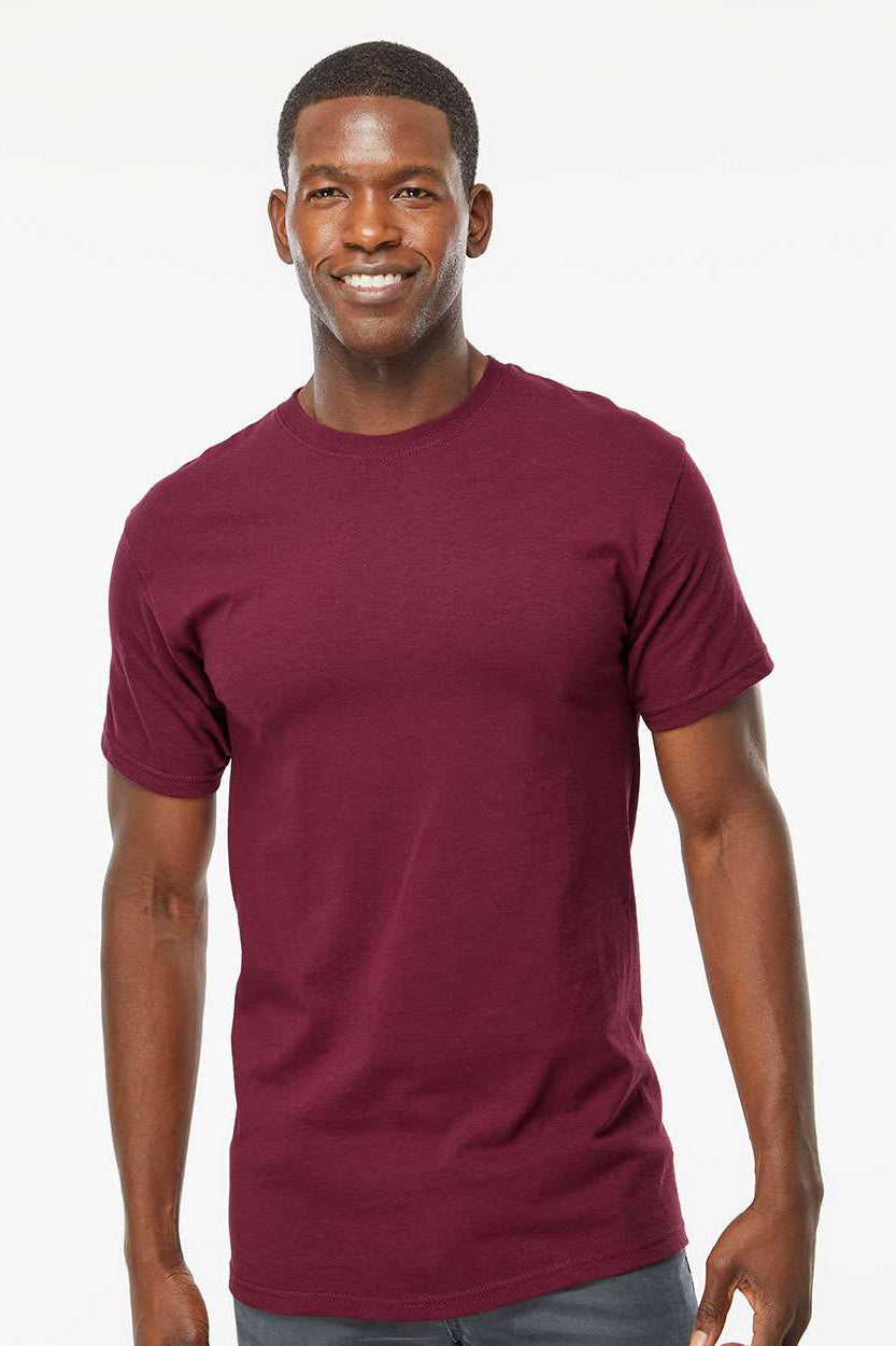 M&O 4800 Mens Gold Soft Touch Short Sleeve Crewneck T-Shirt Maroon Model Front