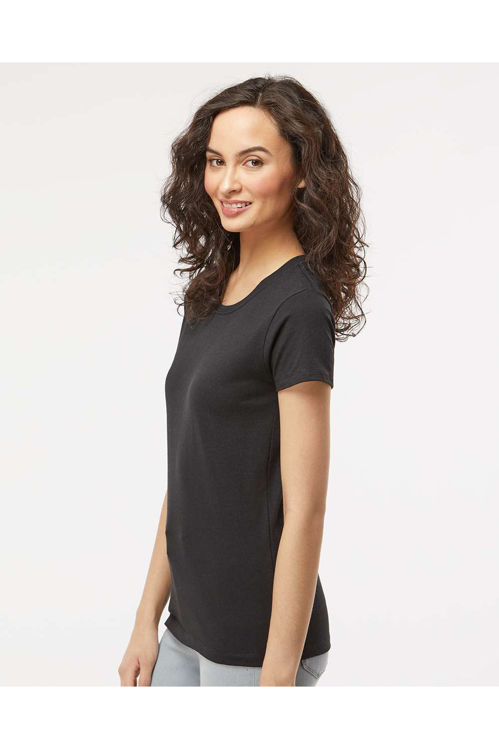 M&O 4810 Womens Gold Soft Touch Short Sleeve Crewneck T-Shirt Black Model Side