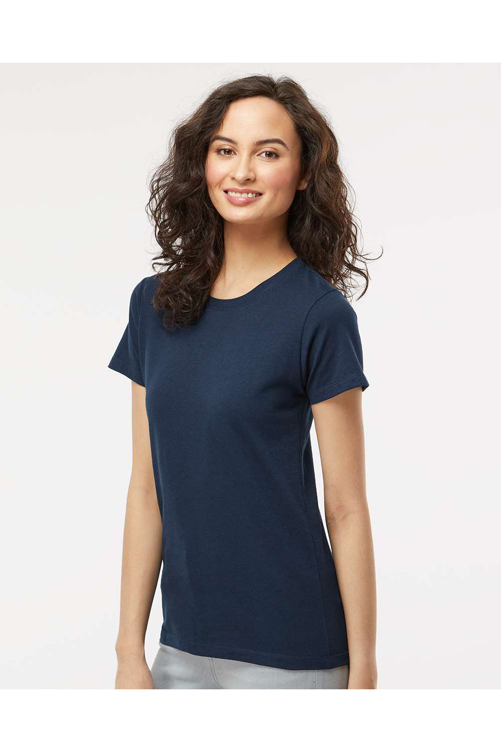M&O 4810 Womens Gold Soft Touch Short Sleeve Crewneck T-Shirt Deep Navy Blue Model Side