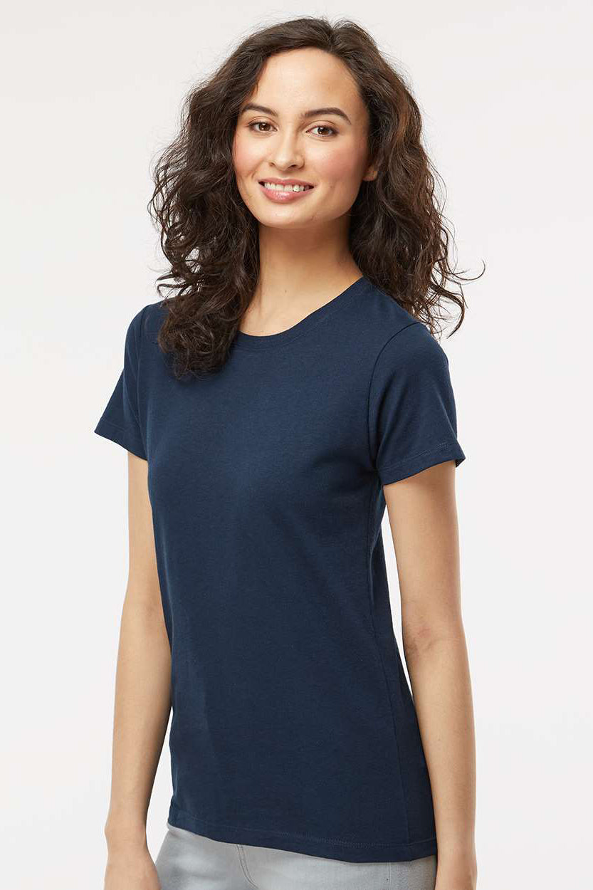 M&O 4810 Womens Gold Soft Touch Short Sleeve Crewneck T-Shirt Deep Navy Blue Model Side