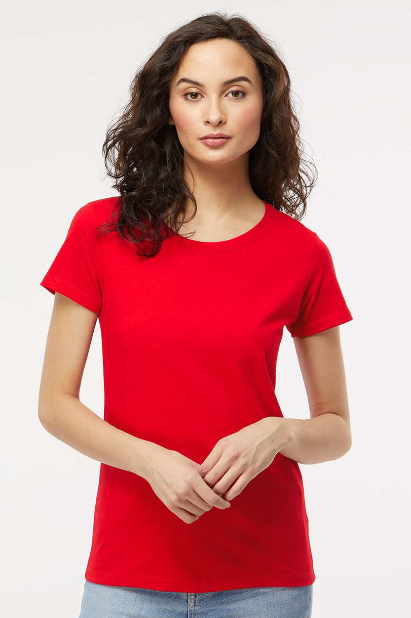 M&O 4810 Womens Gold Soft Touch Short Sleeve Crewneck T-Shirt Deep Red Model Front