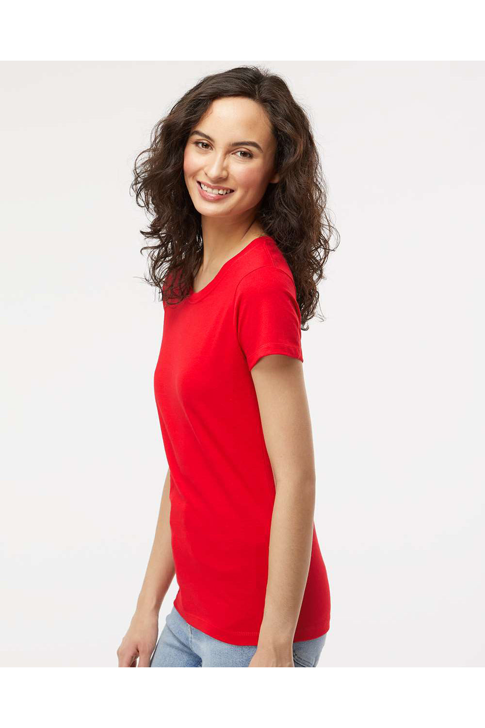 M&O 4810 Womens Gold Soft Touch Short Sleeve Crewneck T-Shirt Deep Red Model Side