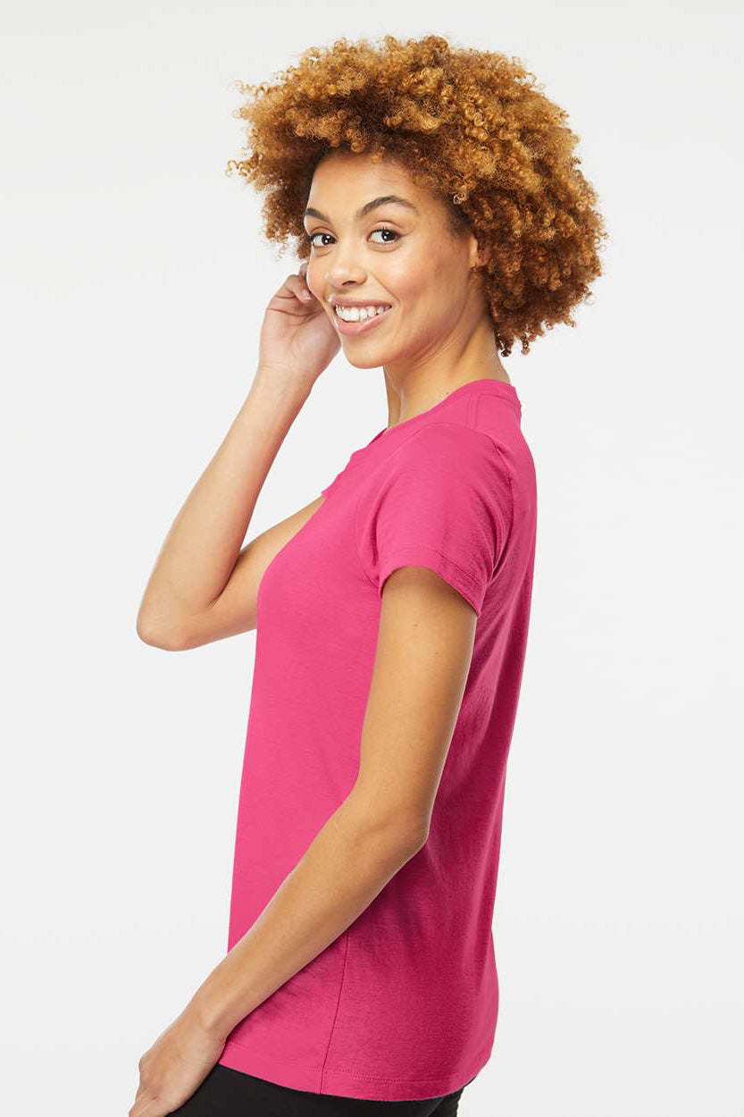 M&O 4810 Womens Gold Soft Touch Short Sleeve Crewneck T-Shirt Heliconia Pink Model Side