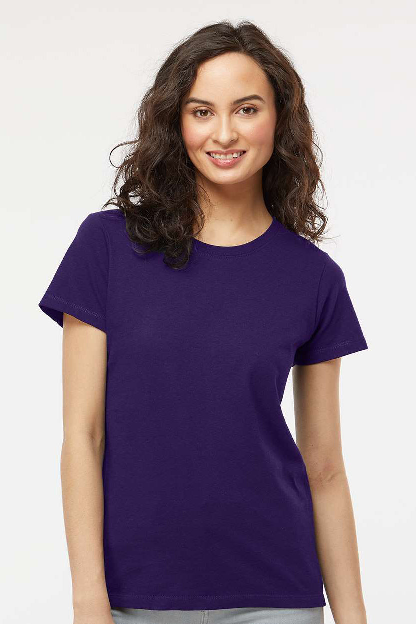 M&O 4810 Womens Gold Soft Touch Short Sleeve Crewneck T-Shirt Purple Model Front