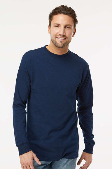 M&O 4820 Mens Gold Soft Touch Long Sleeve Crewneck T-Shirt Deep Navy Blue Model Front