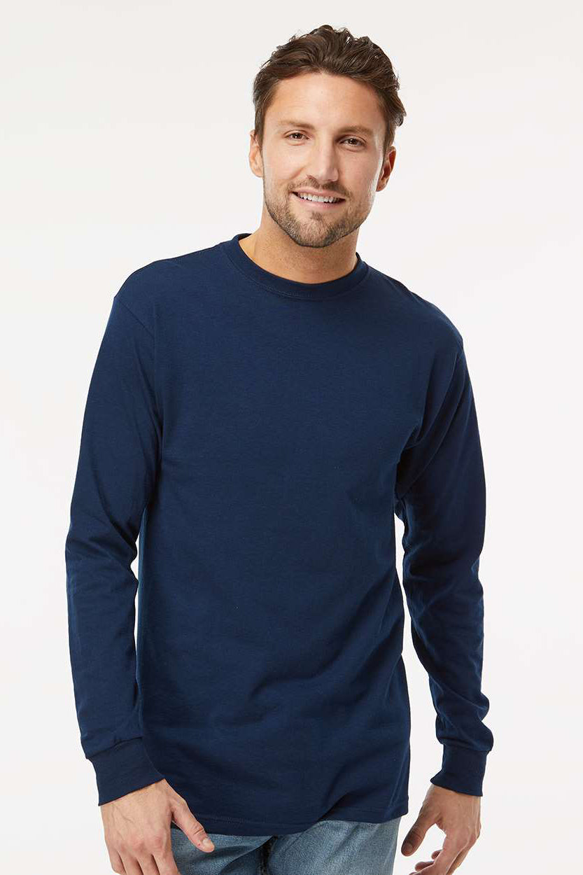 M&O 4820 Mens Gold Soft Touch Long Sleeve Crewneck T-Shirt Deep Navy Blue Model Front
