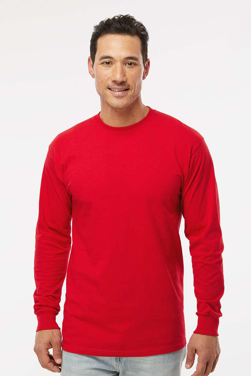 M&O 4820 Mens Gold Soft Touch Long Sleeve Crewneck T-Shirt Deep Red Model Front