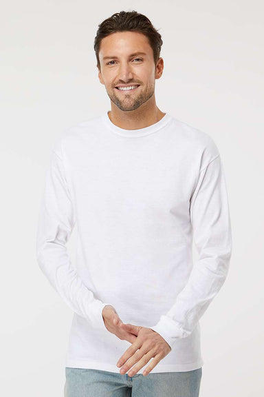 M&O 4820 Mens Gold Soft Touch Long Sleeve Crewneck T-Shirt White Model Front
