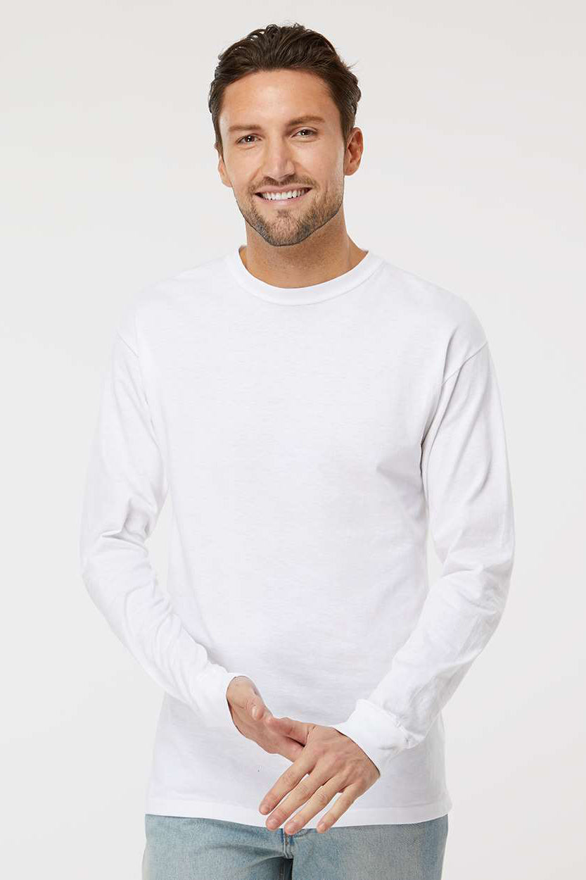 M&O 4820 Mens Gold Soft Touch Long Sleeve Crewneck T-Shirt White Model Front