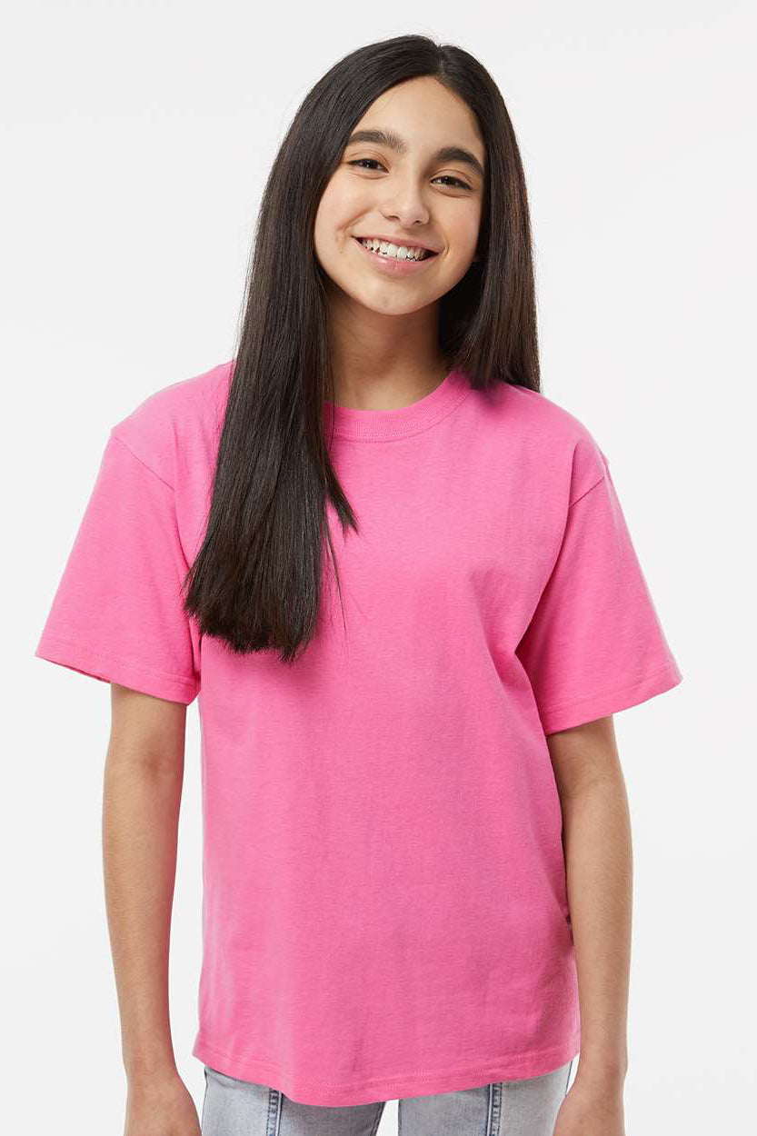 M&O 4850 Youth Gold Soft Touch Short Sleeve Crewneck T-Shirt Azalea Pink Model Front