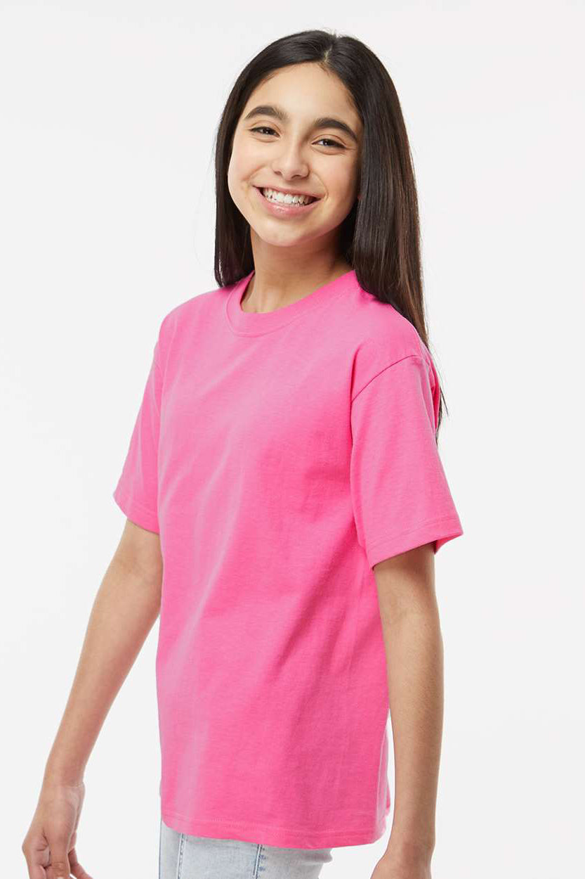 M&O 4850 Youth Gold Soft Touch Short Sleeve Crewneck T-Shirt Azalea Pink Model Side