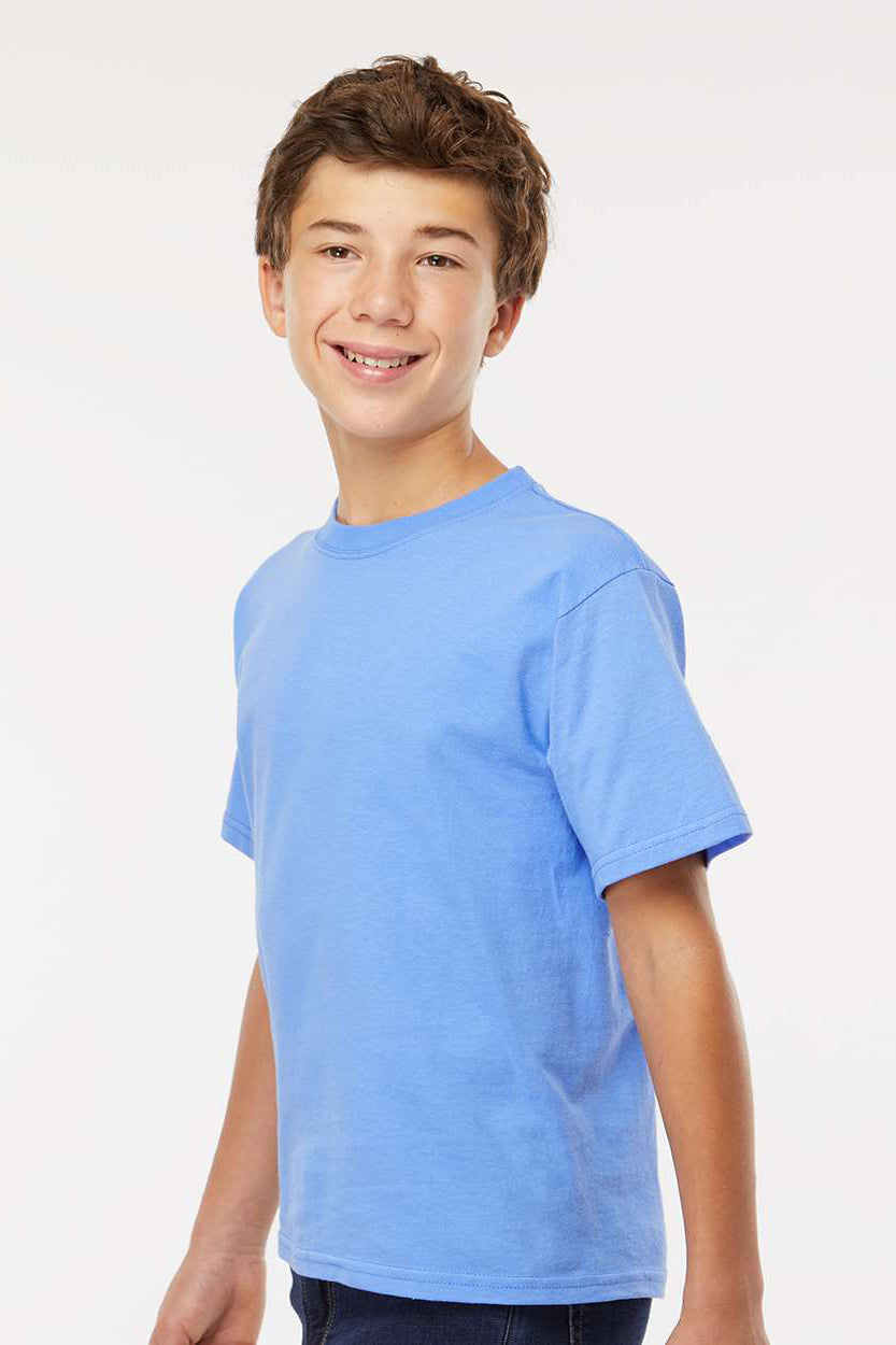 M&O 4850 Youth Gold Soft Touch Short Sleeve Crewneck T-Shirt Carolina Blue Model Side