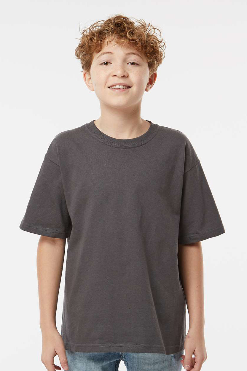 M&O 4850 Youth Gold Soft Touch Short Sleeve Crewneck T-Shirt Charcoal Grey Model Front