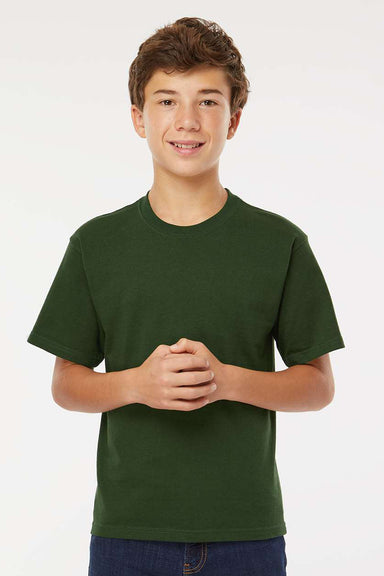 M&O 4850 Youth Gold Soft Touch Short Sleeve Crewneck T-Shirt Forest Green Model Front