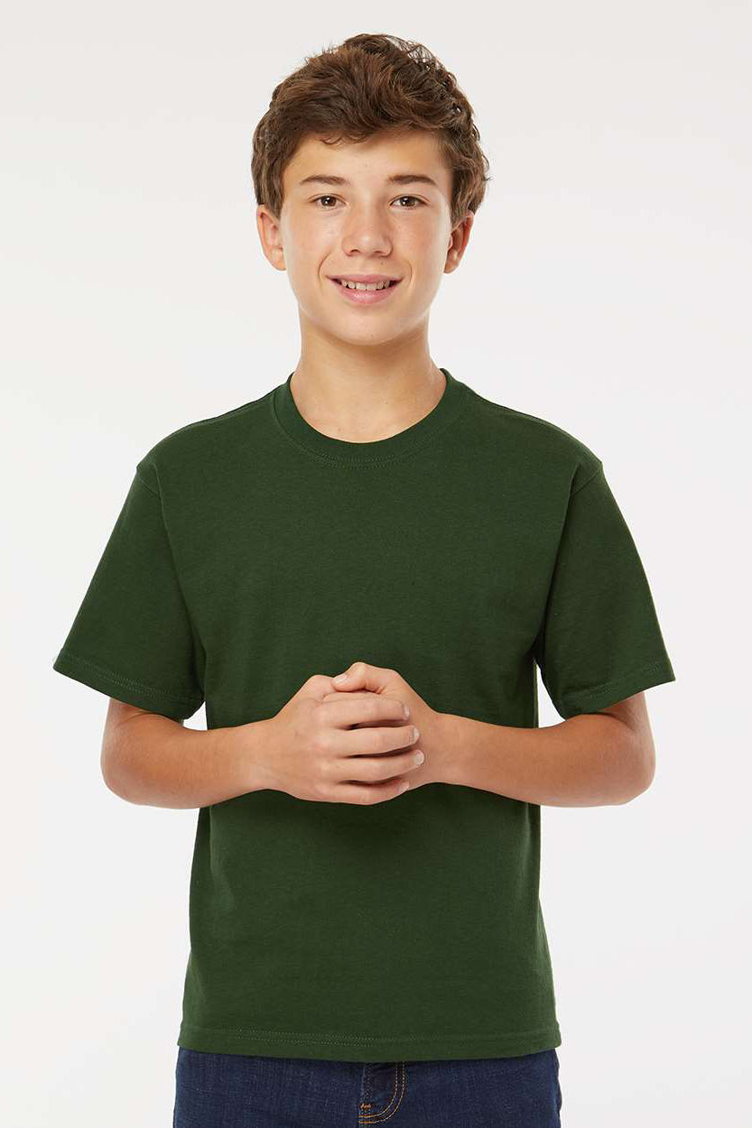 M&O 4850 Youth Gold Soft Touch Short Sleeve Crewneck T-Shirt Forest Green Model Front