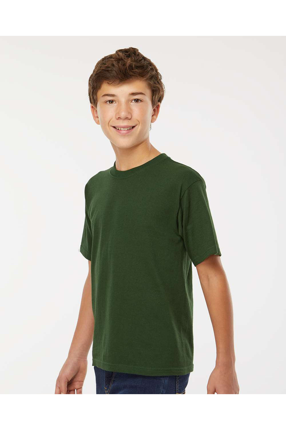 M&O 4850 Youth Gold Soft Touch Short Sleeve Crewneck T-Shirt Forest Green Model Side