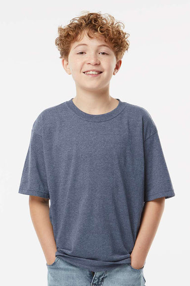 M&O 4850 Youth Gold Soft Touch Short Sleeve Crewneck T-Shirt Heather Navy Blue Model Front