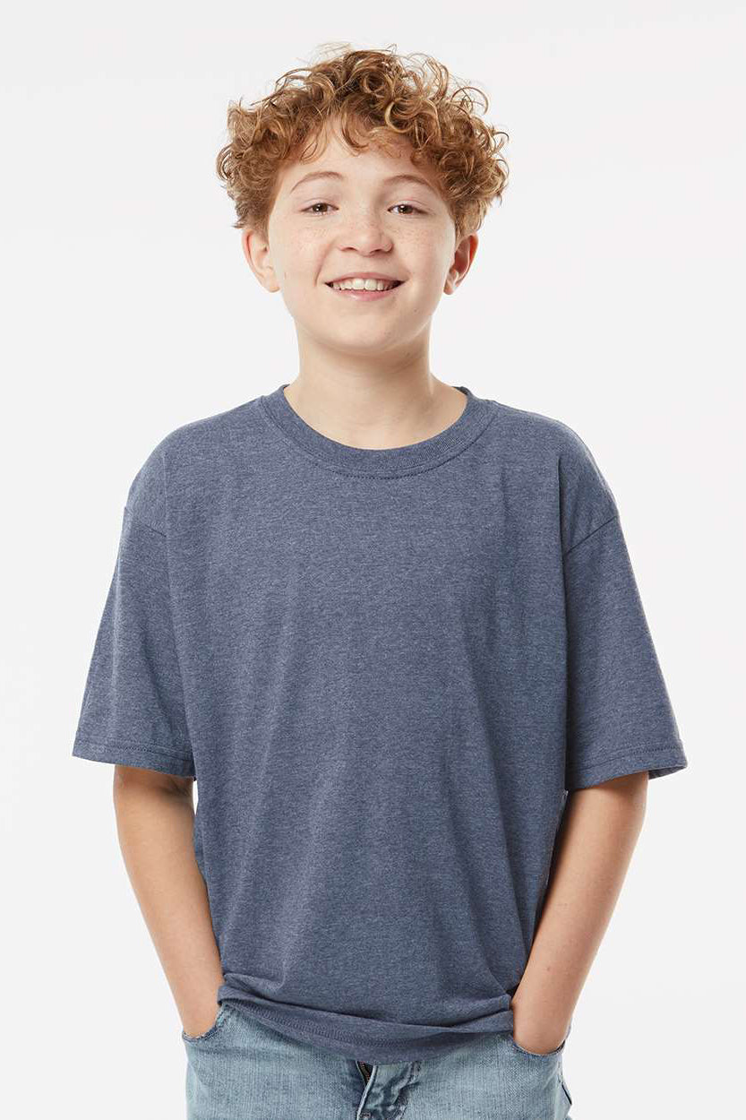 M&O 4850 Youth Gold Soft Touch Short Sleeve Crewneck T-Shirt Heather Navy Blue Model Front