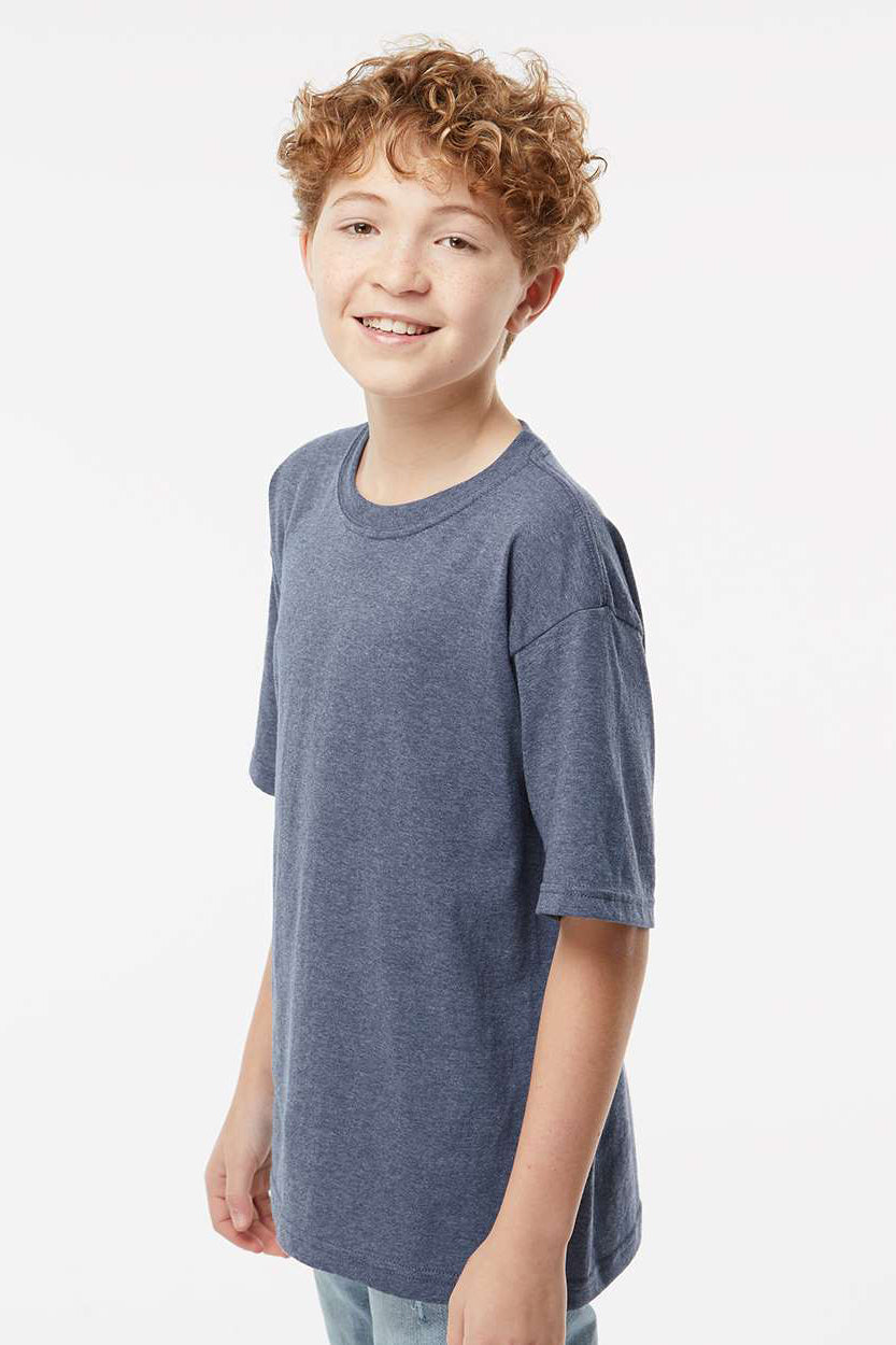 M&O 4850 Youth Gold Soft Touch Short Sleeve Crewneck T-Shirt Heather Navy Blue Model Side