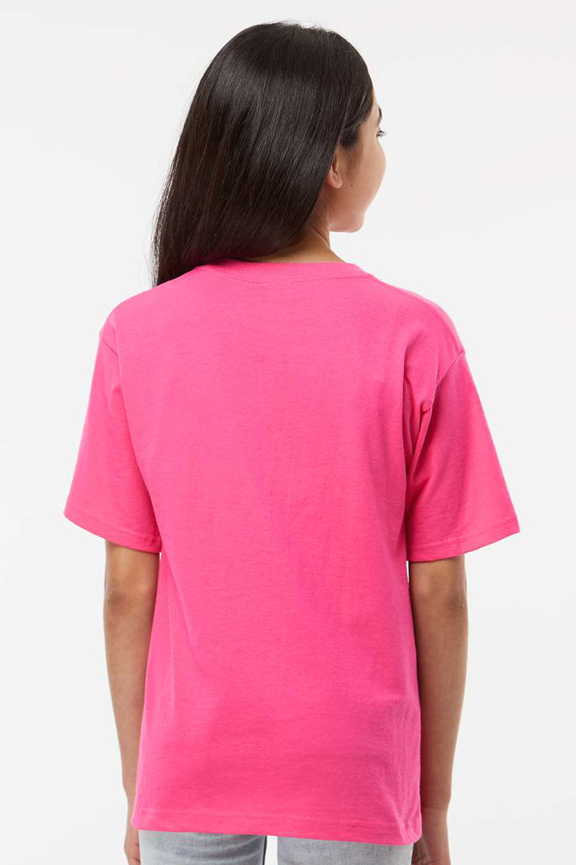 M&O 4850 Youth Gold Soft Touch Short Sleeve Crewneck T-Shirt Heliconia Pink Model Back