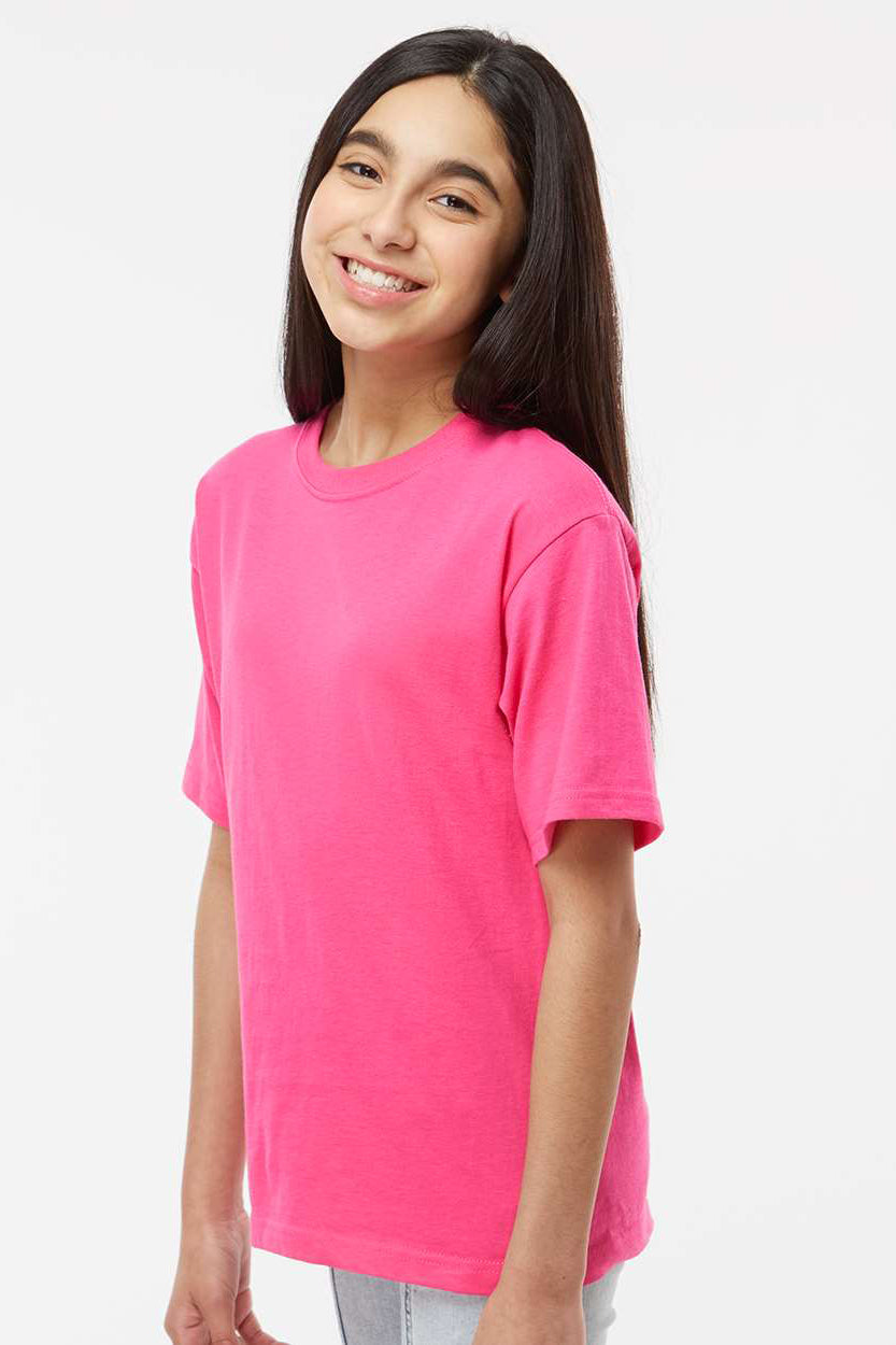 M&O 4850 Youth Gold Soft Touch Short Sleeve Crewneck T-Shirt Heliconia Pink Model Side