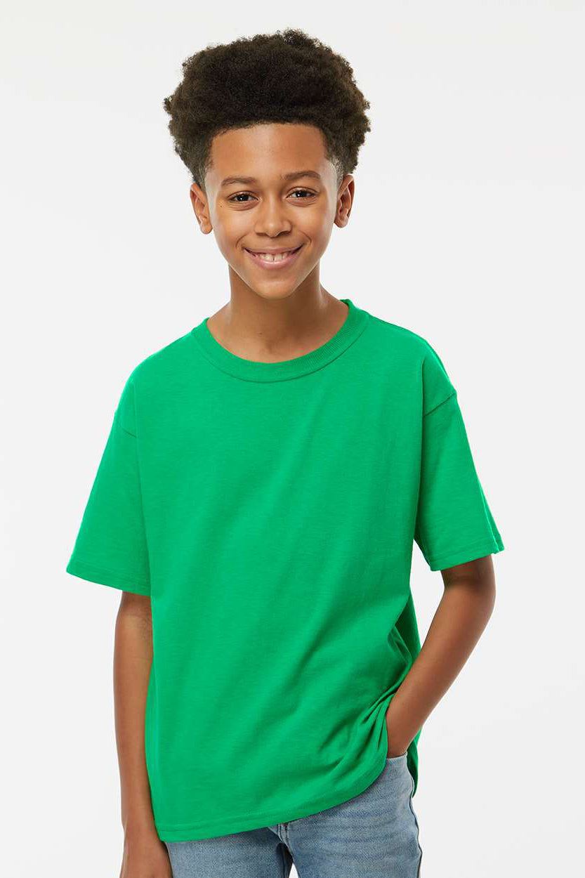 M&O 4850 Youth Gold Soft Touch Short Sleeve Crewneck T-Shirt Irish Green Model Front