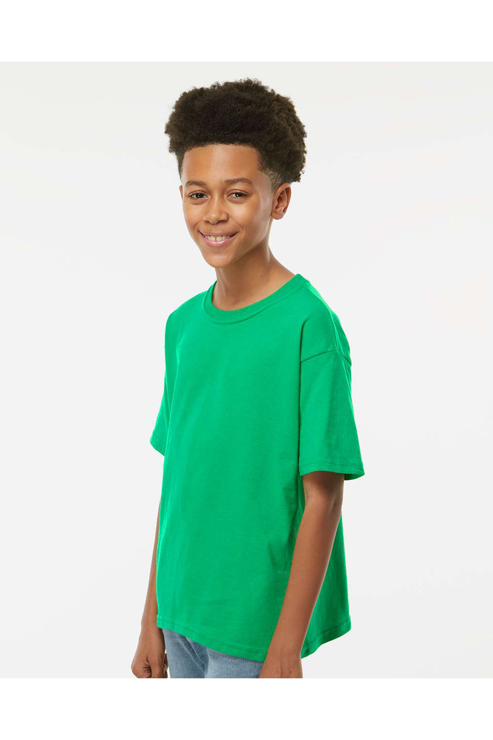 M&O 4850 Youth Gold Soft Touch Short Sleeve Crewneck T-Shirt Irish Green Model Side