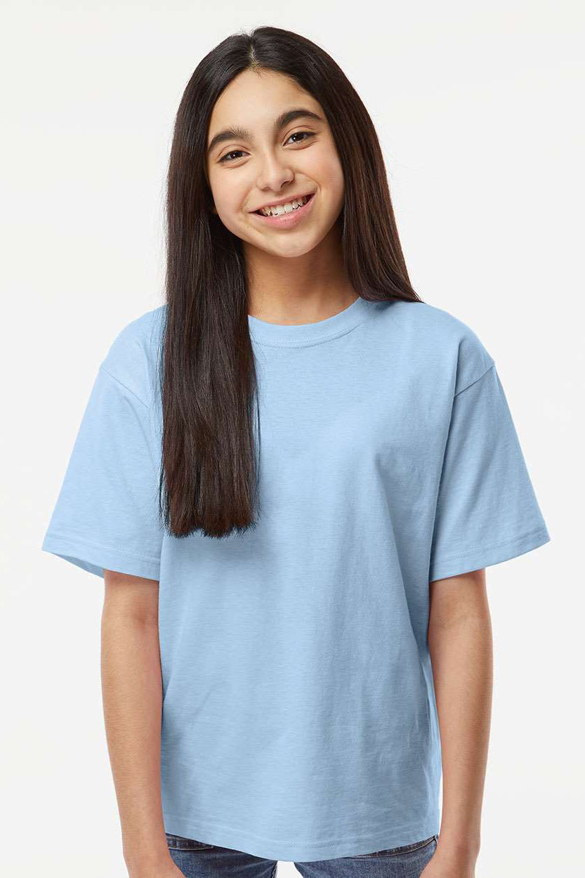 M&O 4850 Youth Gold Soft Touch Short Sleeve Crewneck T-Shirt Light Blue Model Front