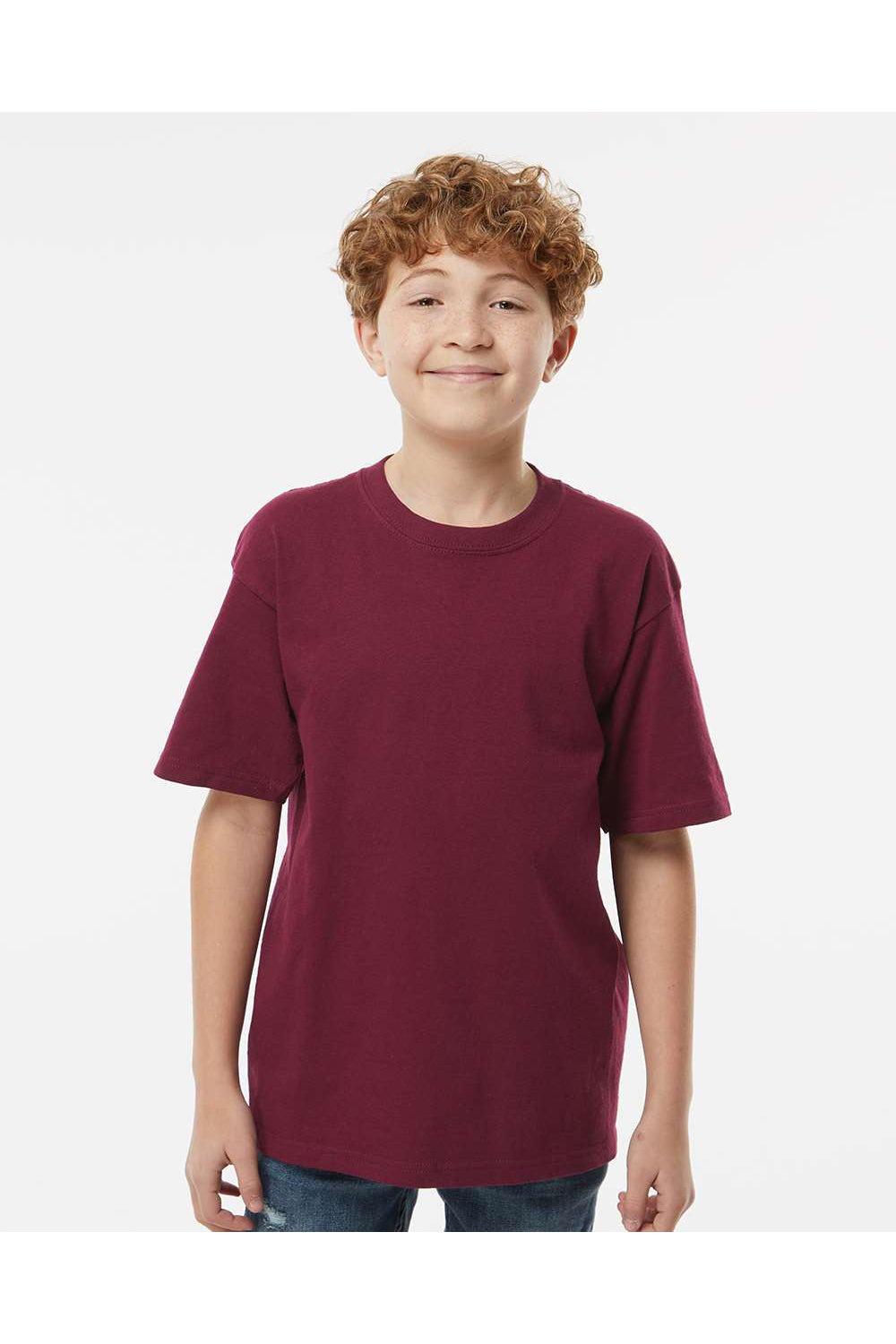 M&O 4850 Youth Gold Soft Touch Short Sleeve Crewneck T-Shirt Maroon Model Front