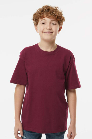 M&O 4850 Youth Gold Soft Touch Short Sleeve Crewneck T-Shirt Maroon Model Front