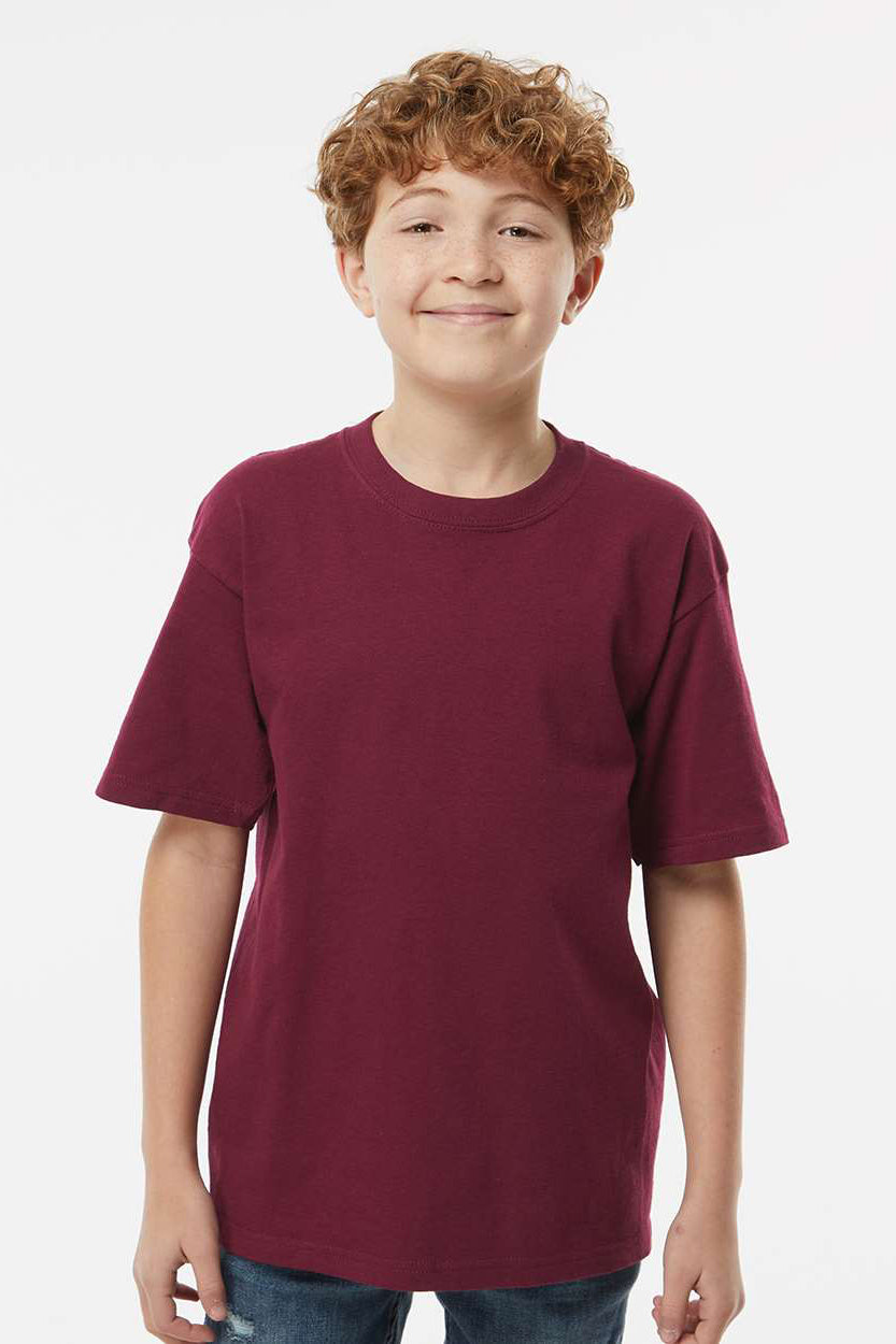 M&O 4850 Youth Gold Soft Touch Short Sleeve Crewneck T-Shirt Maroon Model Front